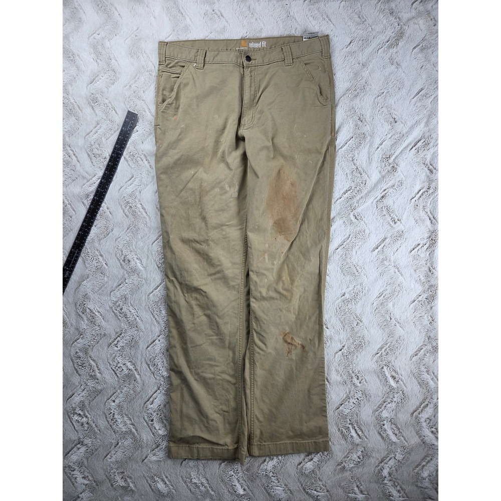 Carhartt Relaxed Fit Canvas Work Pants Mens 36x34 Tan Khaki Distressed Stained